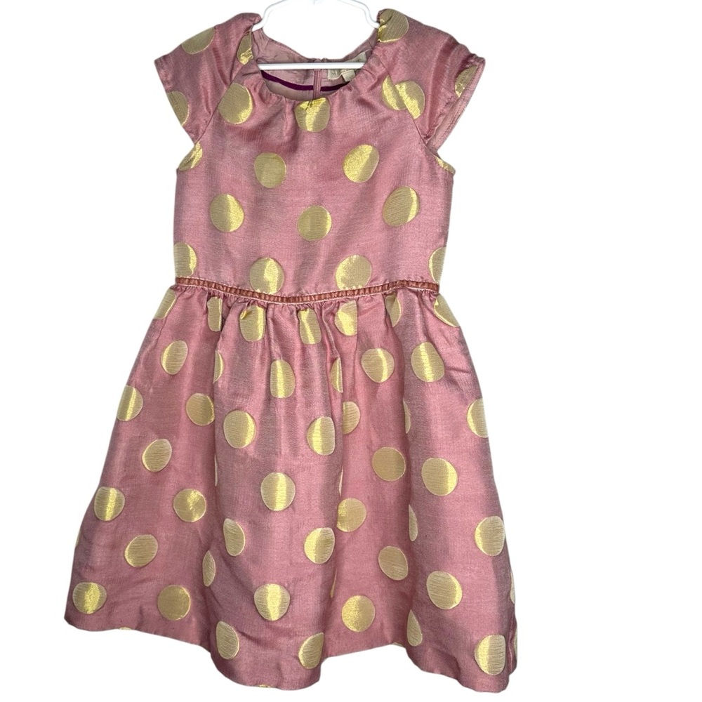 Mini Boden Pink and Gold Polka Dot Dress, Valentines Day, Girls Size 7/8
